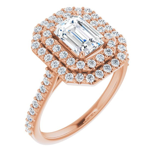 10K Rose Gold Customizable Double-Halo Emerald/Radiant Cut Design with Accented Split Band