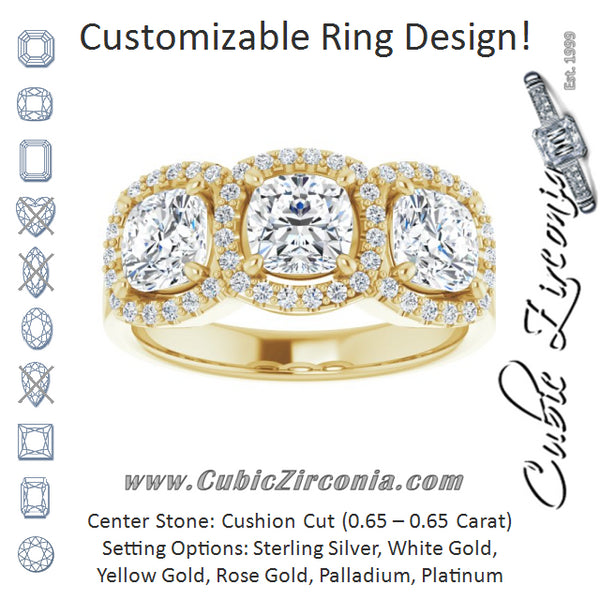 Cubic Zirconia Engagement Ring- The Delores (Customizable Cushion Cut Triple Halo 3-stone Design)