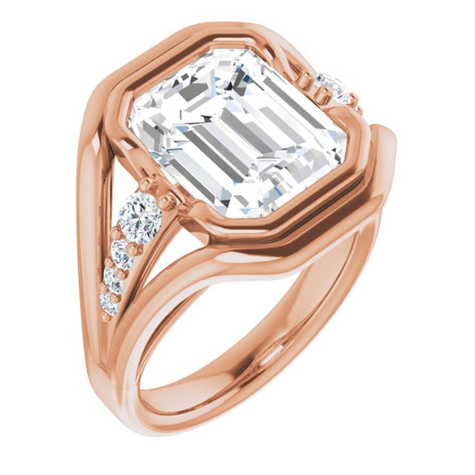 10K Rose Gold Customizable 9-stone Emerald/Radiant Cut Design with Bezel Center, Wide Band and Round Prong Side Stones