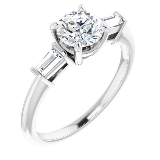 10K White Gold Customizable 3-stone Round Cut Design with Dual Baguette Accents)