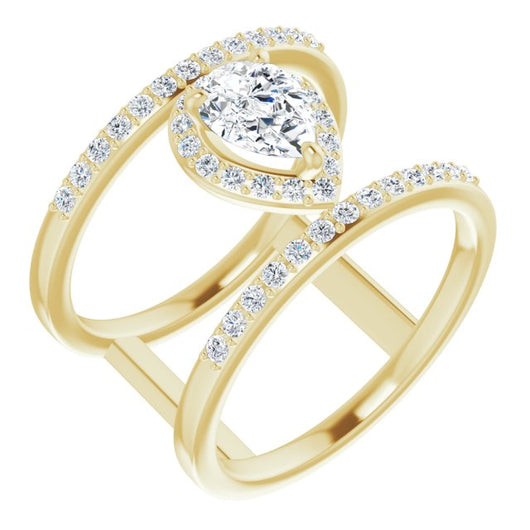 10K Yellow Gold Customizable Pear Cut Halo Design with Open, Ultrawide Harness Double Pavé Band