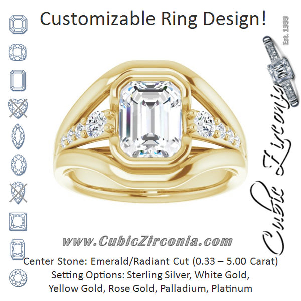 Cubic Zirconia Engagement Ring- The Naira (Customizable 9-stone Emerald Cut Design with Bezel Center, Wide Band and Round Prong Side Stones)