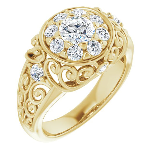 10K Yellow Gold Customizable Round Cut Halo Style with Round Prong Side Stones and Intricate Metalwork