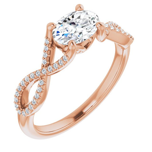 10K Rose Gold Customizable Oval Cut Design with Twisting Infinity-inspired, Pavé Split Band