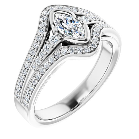 10K White Gold Customizable Cathedral-Bezel Marquise Cut Design with Wide Triple-Split-Pavé Band