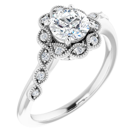 10K White Gold Customizable 3-stone Design with Round Cut Center and Halo Enhancement