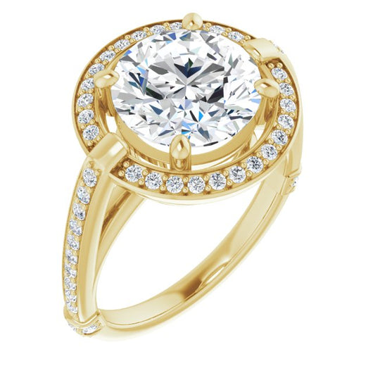 10K Yellow Gold Customizable High-Cathedral Round Cut Design with Halo and Shared Prong Band