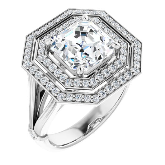 10K White Gold Customizable Cathedral-set Asscher Cut Design with Double Halo, Wide Split Band and Side Knuckle Accents