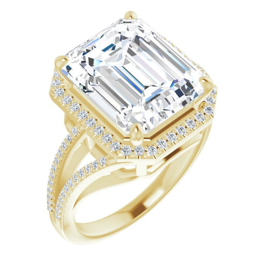 10K Yellow Gold Customizable Emerald/Radiant Cut Vintage Design with Halo Style and Asymmetrical Split-Pavé Band