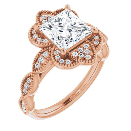 10K Rose Gold Customizable Cathedral-style Princess/Square Cut Design with Floral Segmented Halo & Milgrain+Accents Band