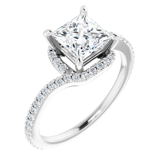 10K White Gold Customizable Artisan Princess/Square Cut Design with Thin, Accented Bypass Band