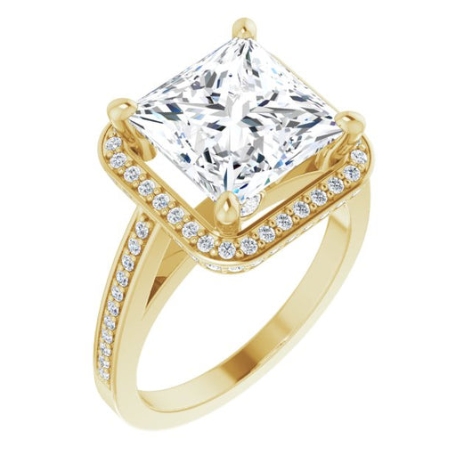 10K Yellow Gold Customizable Cathedral-set Princess/Square Cut Design with Halo, Thin Pavé Band & Round-Bezel Peekaboos