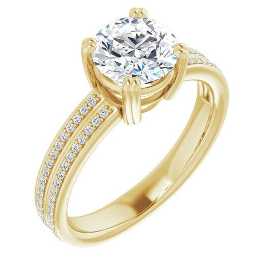 10K Yellow Gold Customizable Round Cut Center with 100-stone* "Waterfall" Pavé Split Band