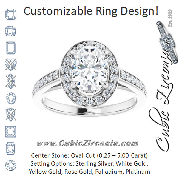 Cubic Zirconia Engagement Ring- The Farrah Michelle (Customizable Oval Cut Style with Halo and Sculptural Trellis)