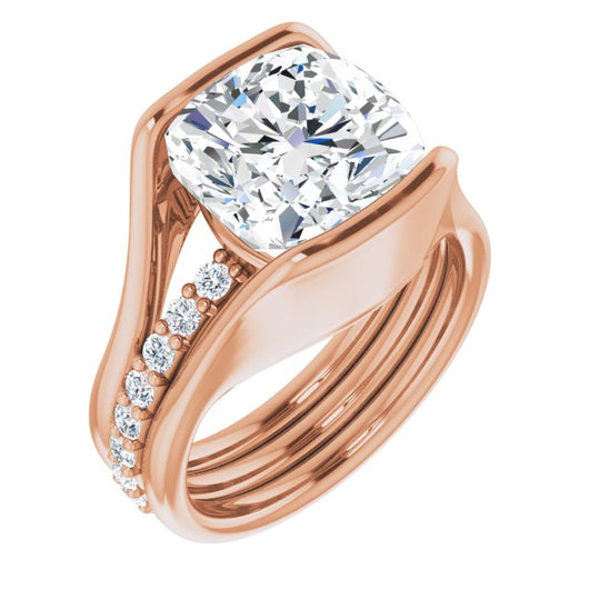 10K Rose Gold Customizable Bezel-set Cushion Cut Style with Thick Pavé Band