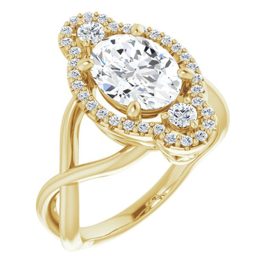 10K Yellow Gold Customizable Vertical 3-stone Oval Cut Design Enhanced with Multi-Halo Accents and Twisted Band