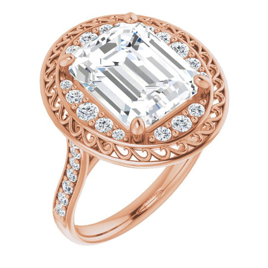 10K Rose Gold Customizable Cathedral-style Emerald/Radiant Cut featuring Cluster Accented Filigree Setting & Shared Prong Band