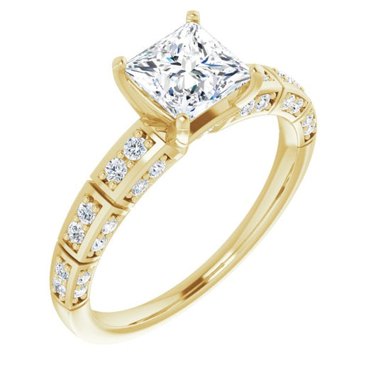 10K Yellow Gold Customizable Princess/Square Cut Style with Three-sided, Segmented Shared Prong Band