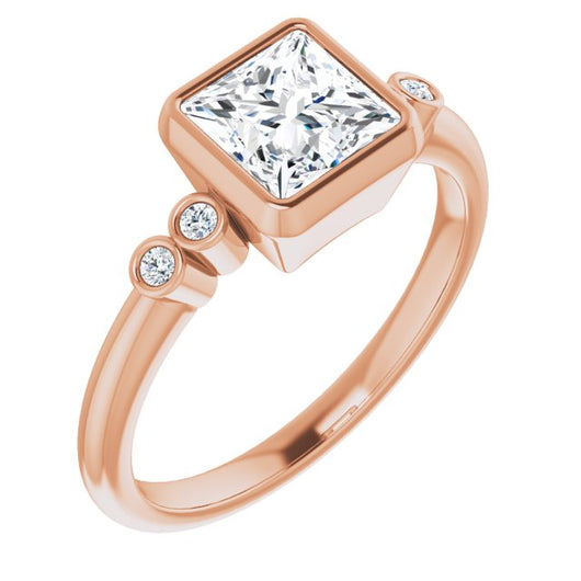 10K Rose Gold Customizable 5-stone Bezel-set Princess/Square Cut Design with Quad Round-Bezel Side Stones