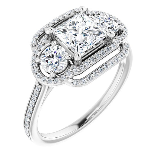 10K White Gold Customizable Enhanced 3-stone Double-Halo Style with Princess/Square Cut Center and Thin Band