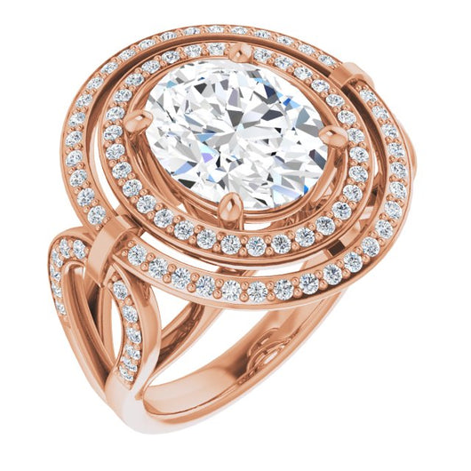 10K Rose Gold Customizable Cathedral-set Oval Cut Design with Double Halo & Accented Ultra-wide Horseshoe-inspired Split Band