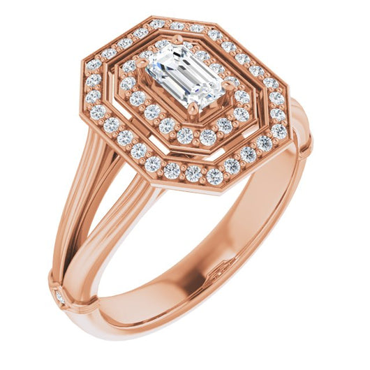 10K Rose Gold Customizable Cathedral-set Emerald/Radiant Cut Design with Double Halo, Wide Split Band and Side Knuckle Accents