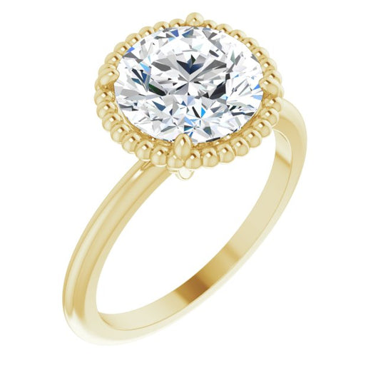 10K Yellow Gold Customizable Round Cut Solitaire with Beaded Metallic Milgrain