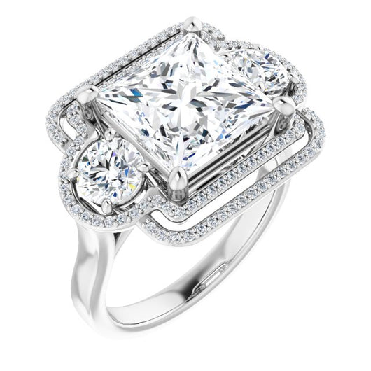 10K White Gold Customizable Cathedral-set Enhanced 3-stone Princess/Square Cut Design with Multidirectional Halo