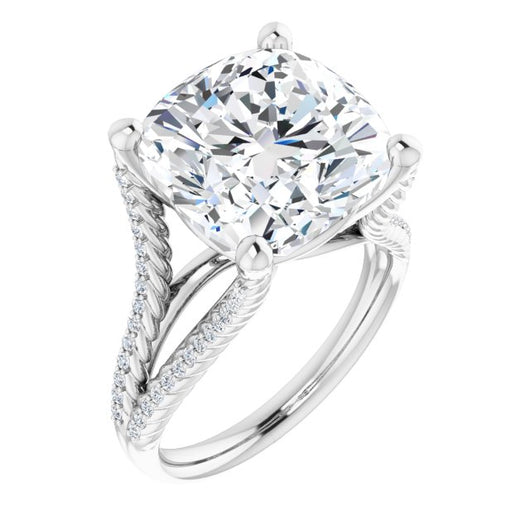 10K White Gold Customizable Cushion Cut Style with Split Band and Rope-Pavé