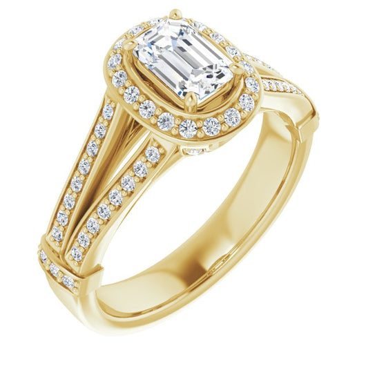 10K Yellow Gold Customizable Emerald/Radiant Cut Setting with Halo, Under-Halo Trellis Accents and Accented Split Band