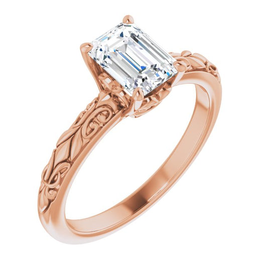 10K Rose Gold Customizable Emerald/Radiant Cut Solitaire featuring Delicate Metal Scrollwork