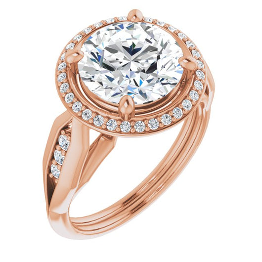 10K Rose Gold Customizable Cathedral-raised Round Cut Design with Halo and Tri-Cluster Band Accents