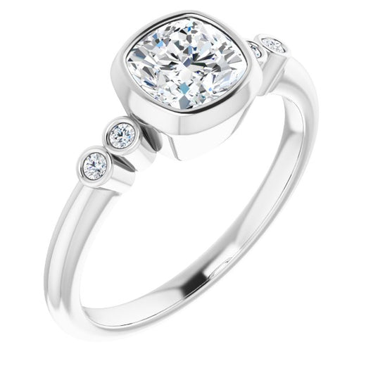 10K White Gold Customizable 5-stone Bezel-set Cushion Cut Design with Quad Round-Bezel Side Stones