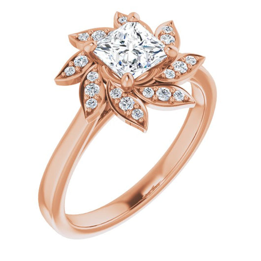 10K Rose Gold Customizable Princess/Square Cut Design with Artisan Floral Halo