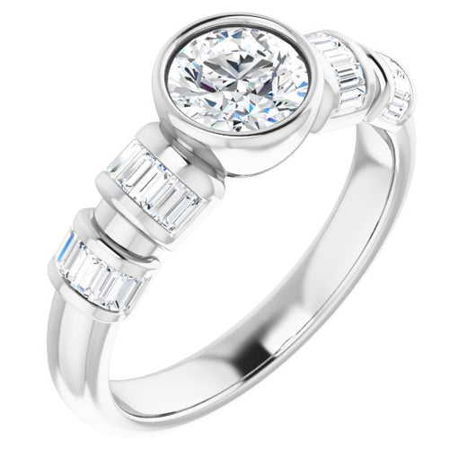 10K White Gold Customizable Bezel-set Round Cut Design with Quad Horizontal Band Sleeves of Baguette Accents