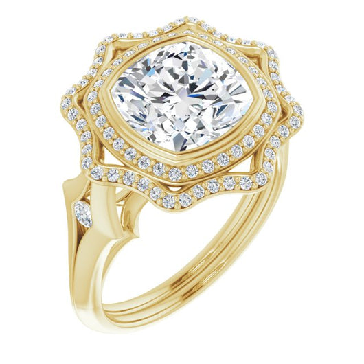 10K Yellow Gold Customizable Cathedral-bezel Cushion Cut Design with Floral Double Halo and Channel-Accented Split Band