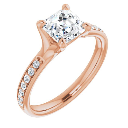 10K Rose Gold Customizable Heavy Prong-Set Asscher Cut Style with Round Cut Band Accents