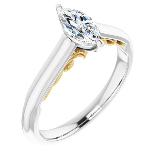 14K White & Yellow Gold Customizable Marquise Cut Cathedral Solitaire with Two-Tone Option Decorative Trellis 'Down Under'