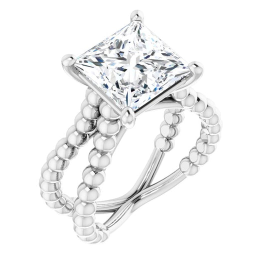 10K White Gold Customizable Princess/Square Cut Solitaire with Wide Beaded Split-Band