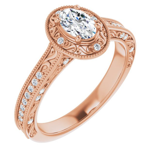 10K Rose Gold Customizable Vintage Artisan Oval Cut Design with 3-Sided Filigree and Side Inlay Accent Enhancements