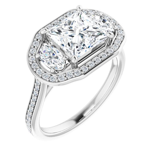 10K White Gold Customizable Princess/Square Cut Style with Oval Cut Accents, 3-stone Halo & Thin Shared Prong Band