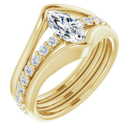 10K Yellow Gold Customizable Bezel-set Marquise Cut Style with Thick Pavé Band