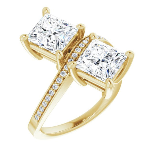 10K Yellow Gold Customizable 2-stone Princess/Square Cut Bypass Design with Thin Twisting Shared Prong Band