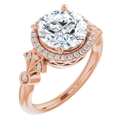 10K Rose Gold Customizable Cathedral-Crown Round Cut Design with Halo and Scalloped Side Stones