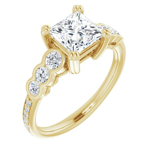 10K Yellow Gold Customizable Princess/Square Cut 7-stone Style Enhanced with Bezel Accents and Shared Prong Band