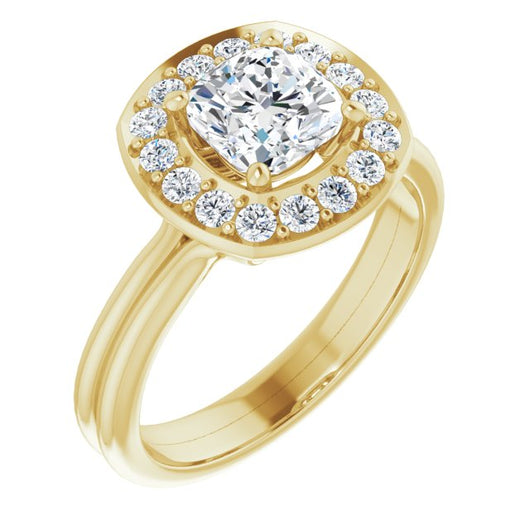 10K Yellow Gold Customizable Cluster-Halo Accented Cushion Cut Style with Tapered Dual Band