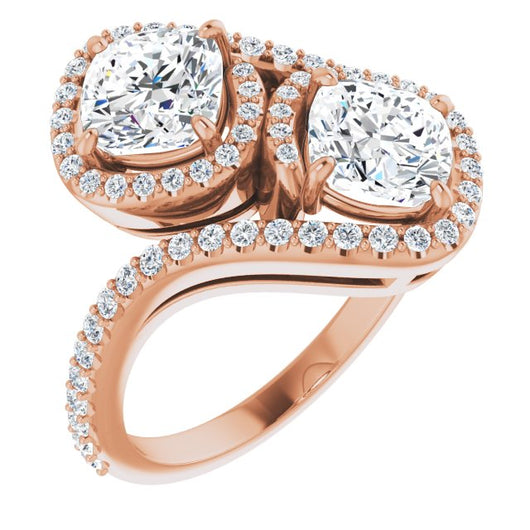 10K Rose Gold Customizable Double Cushion Cut 2-Stone Style Enhanced with Accented Artisan Bypass Band