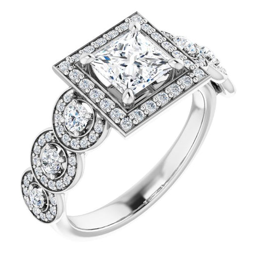 10K White Gold Customizable Cathedral-set Princess/Square Cut 7-stone style Enhanced with 7 Halos