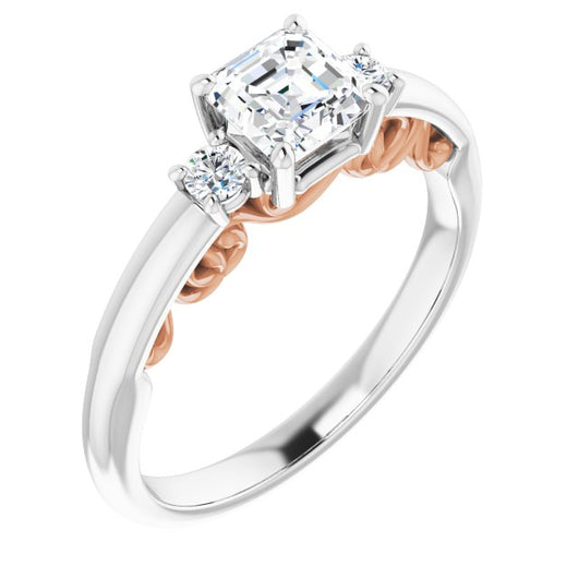 14K White & Rose Gold Customizable Asscher Cut 3-stone Style featuring Heart-Motif Band Enhancement