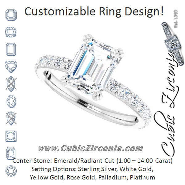 Cubic Zirconia Engagement Ring- The Chandita (Customizable Emerald Cut Design with Large Round Cut 3/4 Band Accents)